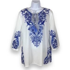 CHICO'S Blue White Baroque Scroll Design Tunic Top size S